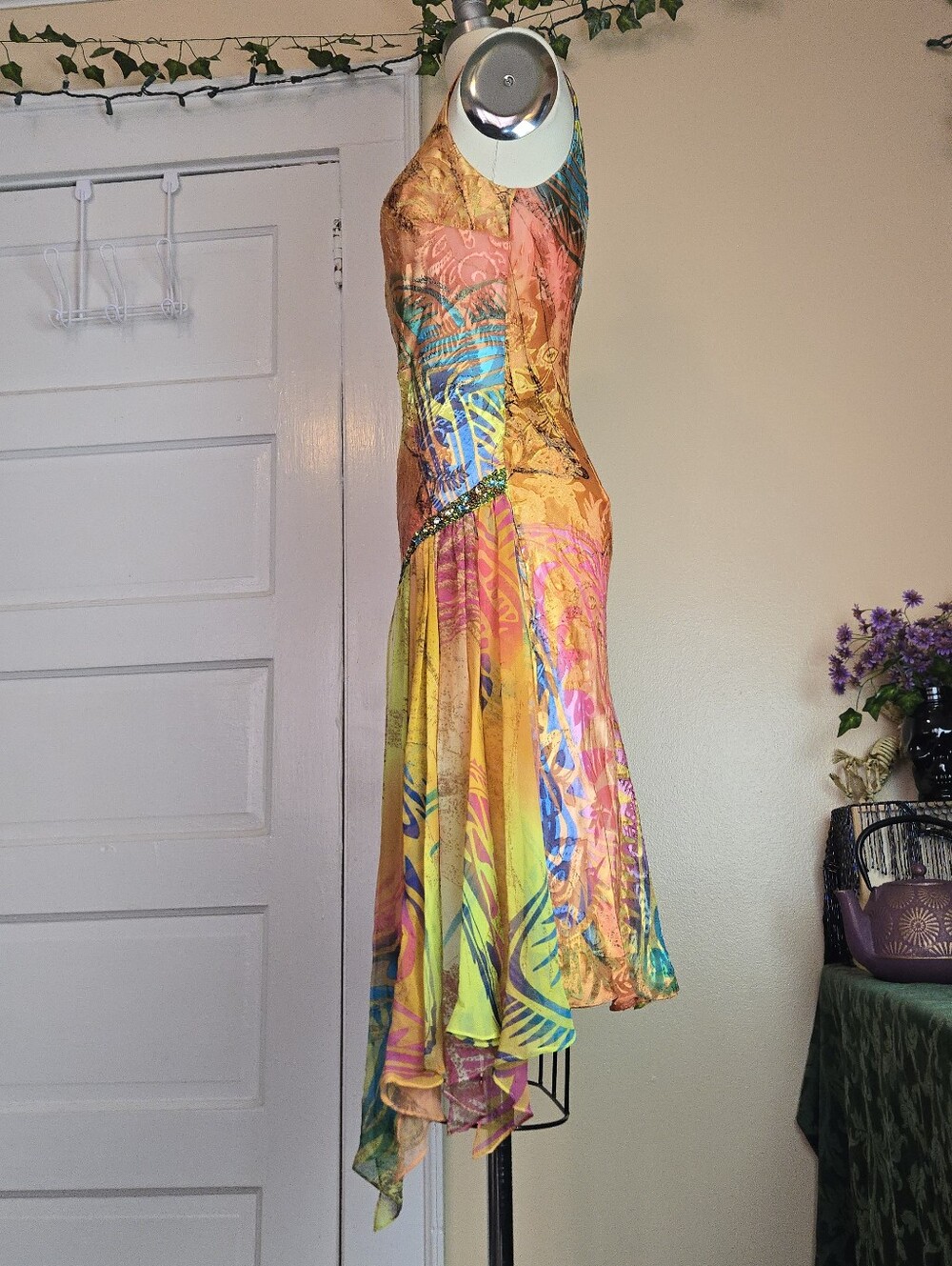 Diane Freis Silk Blend Y2K orange multicolor asymmetrical beaded midi dress - Picture 13 of 16